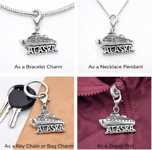 Infinity Collection Alaska Cruise Ship Clip-On Charm Pendant, Stainless Steel Alaska Travel Charm with Lobster Clasp for Bracelet Necklace Keychain Bag or Zipper Pull in Saudi Arabia