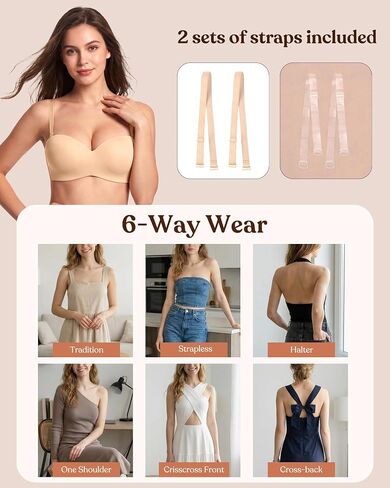 HSIA Strapless Bras for Women Push Up Seamless Underwire Padded Balconette Demi Convertible Bra for Small Busts Beige 34C in Saudi Arabia