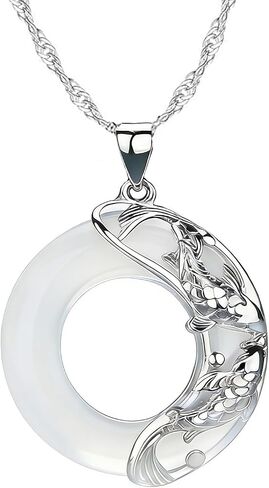 White Jade Necklace for Women, Koi Fish Circle Jade Pendant Necklace Harmony Good Fortune Round Pendant Healing Spiritual Jewelry Gifts for Mom Wife in Saudi Arabia