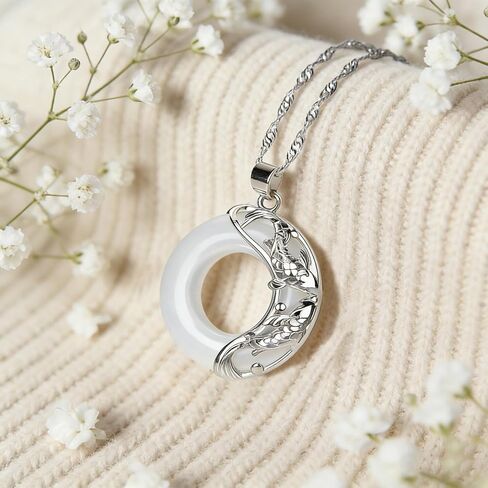 White Jade Necklace for Women, Koi Fish Circle Jade Pendant Necklace Harmony Good Fortune Round Pendant Healing Spiritual Jewelry Gifts for Mom Wife in Saudi Arabia
