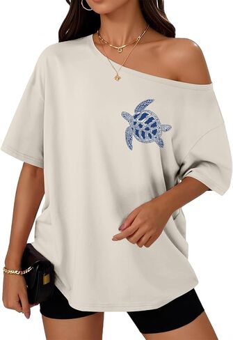 Off The Shoulder Shirts for Women Sea Turtle Graphic Tee Oversized Beach Hawaiian T Shirt Y2k Baggy Trendy Tops in Saudi Arabia