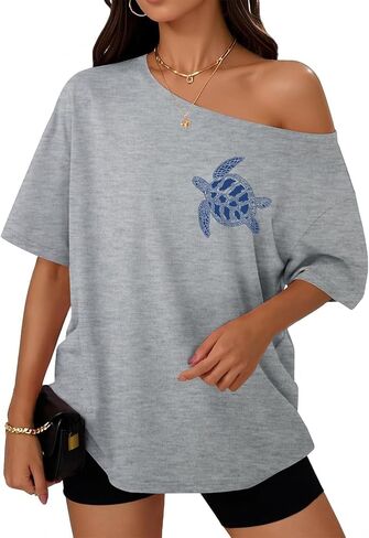 Off The Shoulder Shirts for Women Sea Turtle Graphic Tee Oversized Beach Hawaiian T Shirt Y2k Baggy Trendy Tops in Saudi Arabia
