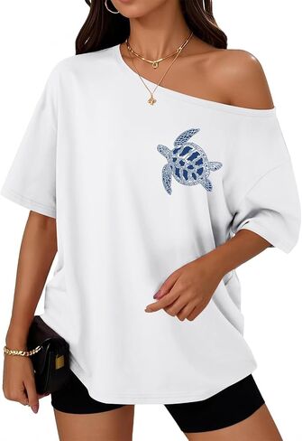 Off The Shoulder Shirts for Women Sea Turtle Graphic Tee Oversized Beach Hawaiian T Shirt Y2k Baggy Trendy Tops in Saudi Arabia
