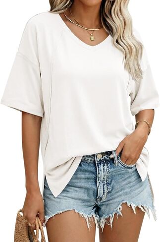 Cicy Bell Womens Oversized T Shirts Short Sleeve Summer Casual V Neck Tunic Tops Loose Fit Side Split Basic Tee Tops in Saudi Arabia