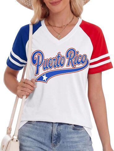 Puerto Rican Shirt for Women Pride Color Block Tee Tops Fashion V-Neck Short Sleeve Shirts Puerto Rico Flag T-Shirt in Saudi Arabia