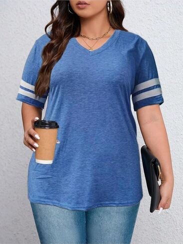 Plus Size New Women's Casual V-Neck Short Sleeved Solid Color Loose T-Shirt Sports Outdoor Top in Kuwait
