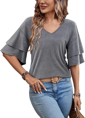 MixShe Womens V Neck Tops Short Sleeve Ruffle Sleeve Casual Summer Lightweight Blouses in Saudi Arabia