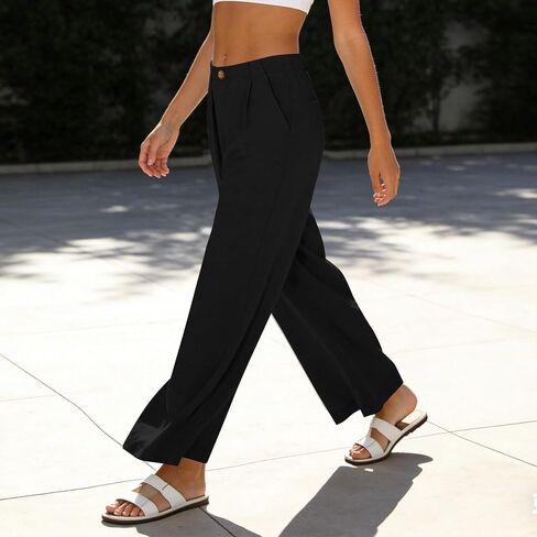 Linen Pants Women Comfy Wide Leg Dress Pants Summer Casual Slacks with Pockets Trendy Business Pants for Office Work in Kuwait