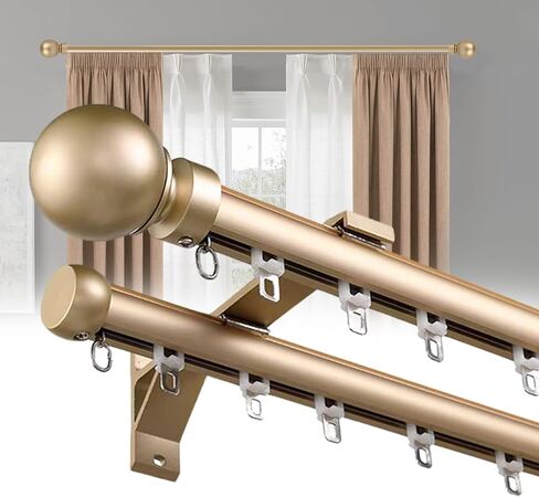 Double Curtain Rods for Windows, Heavy Duty Dual Rod Wall Mount Track Slilent Aluminum Alloy Brackets with Decorative Round Finials Rail for Bedroom/Living Room/Window/Hotel (Golden,3.4m(11.2ft)) in Saudi Arabia