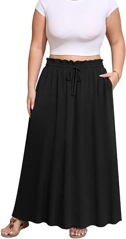 Xpenyo Womens Plus Size Maxi Skirts Summer Elastic High Waisted Boho Casual Beach Flowy Swing Long Skirts with Pockets in Kuwait