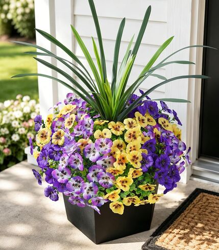 HyeFlora Artificial Pansy Flowers with Eucalyptus & Cymbidium Leaves, 12 Bundles 5-Branch UV Resistant Faux Flowers, 4 Mixed Colors for Outdoor Garden Porch Planter Patio Decor in Saudi Arabia