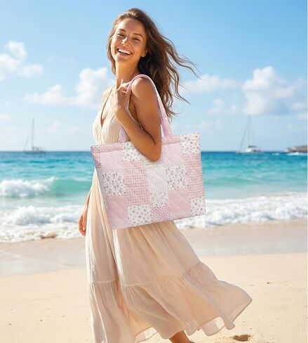 Quilted Tote Bag for Women, Cute Tote Bag with Top Zipper for College Work Travel Casual Shoulder Bag Purse handbags in Kuwait