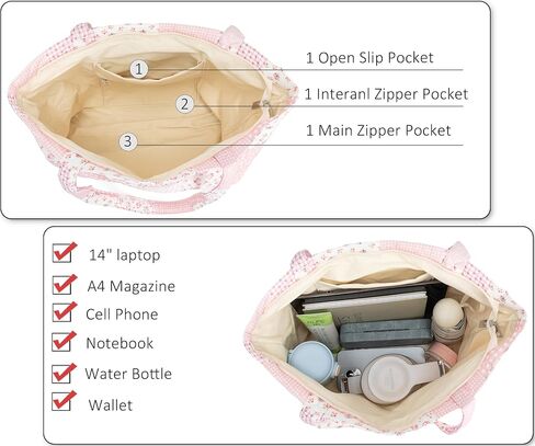 Quilted Tote Bag for Women, Cute Tote Bag with Top Zipper for College Work Travel Casual Shoulder Bag Purse handbags in Kuwait