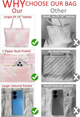 Quilted Tote Bag for Women, Cute Tote Bag with Top Zipper for College Work Travel Casual Shoulder Bag Purse handbags in Kuwait