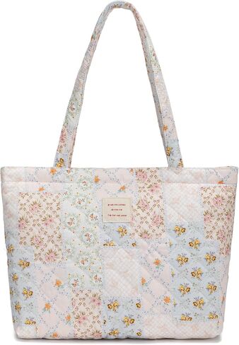 Quilted Tote Bag for Women, Cute Tote Bag with Top Zipper for College Work Travel Casual Shoulder Bag Purse handbags in Kuwait