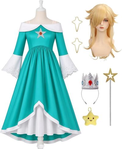 Girls Galaxy Princess Costume Set with Wig Crown Wand Earrings, Teal Maxi Dress with Bell Sleeves Dress Up Party in Kuwait