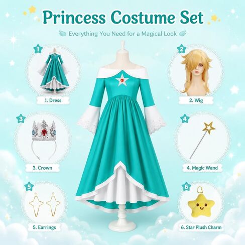 Girls Galaxy Princess Costume Set with Wig Crown Wand Earrings, Teal Maxi Dress with Bell Sleeves Dress Up Party in Kuwait
