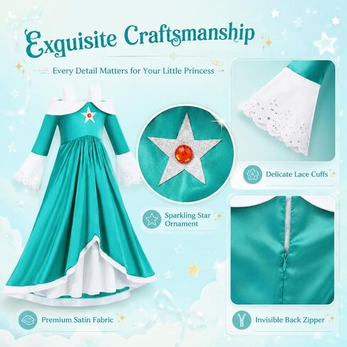 Girls Galaxy Princess Costume Set with Wig Crown Wand Earrings, Teal Maxi Dress with Bell Sleeves Dress Up Party in Kuwait
