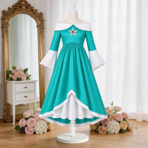 Girls Galaxy Princess Costume Set with Wig Crown Wand Earrings, Teal Maxi Dress with Bell Sleeves Dress Up Party in Kuwait
