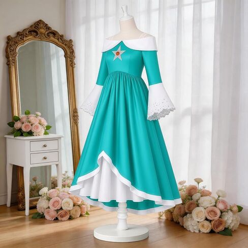 Girls Galaxy Princess Costume Set with Wig Crown Wand Earrings, Teal Maxi Dress with Bell Sleeves Dress Up Party in Kuwait