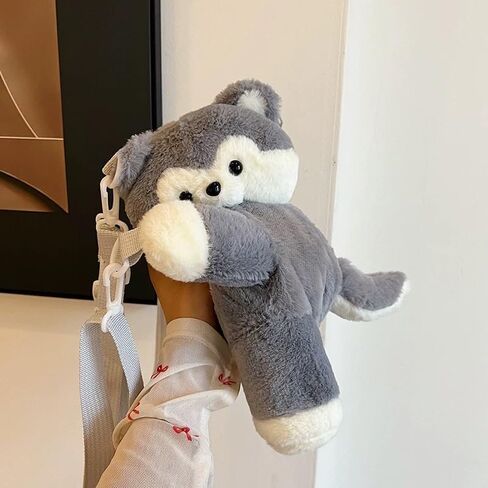 Cute Plush Husky Dog Shoulder Messenger Bag, Plush Dog Crossbody Bag, Stuffed Animal Backpack for Women (Gray) in Saudi Arabia