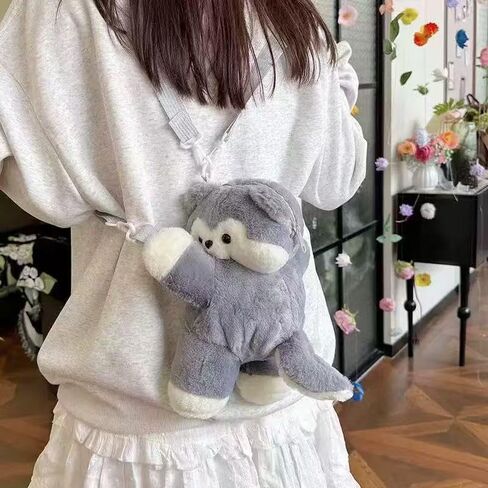 Cute Plush Husky Dog Shoulder Messenger Bag, Plush Dog Crossbody Bag, Stuffed Animal Backpack for Women (Gray) in Saudi Arabia