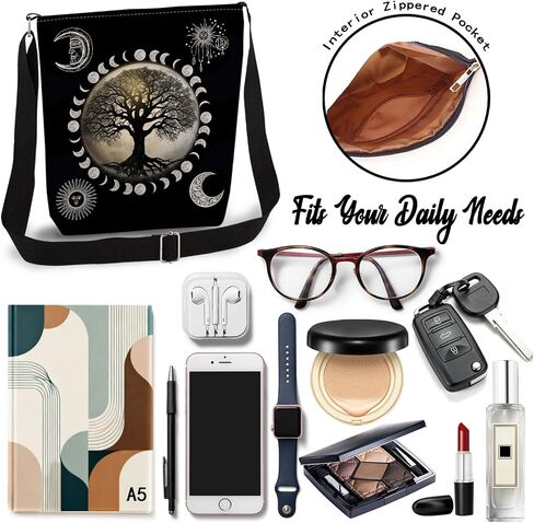 Tree of Life Print Canvas Crossbody Bag, Adjustable Strap Lightweight Purse with Top Zipper & Inner Pocket, Daily Shoulder Bag Gift for Women -3 in Saudi Arabia