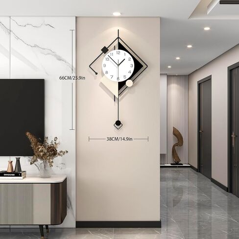 Modern Wall Clock for Living Room Decor Big Decorative Metal Wall Clock with Pendulum 15 Inch Large Black Silent Quality Quartz Clock Non Ticking Battery Operated for Kitchen Office Bedroom in Saudi Arabia