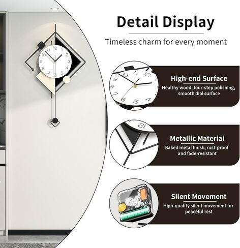 Modern Wall Clock for Living Room Decor Big Decorative Metal Wall Clock with Pendulum 15 Inch Large Black Silent Quality Quartz Clock Non Ticking Battery Operated for Kitchen Office Bedroom in Saudi Arabia