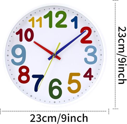9 Inch Kids Silent Wall Clock, Non-Ticking Battery Operated Quartz Analog Clock, Ideal for Kids Room, Living Room, Classroom, Nursery, Studying Room, Playroom in Kuwait