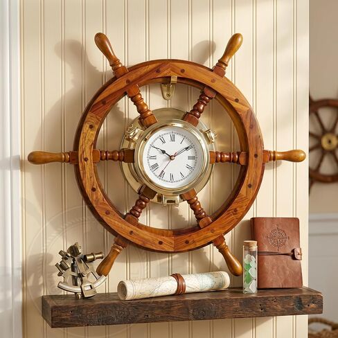 Nagina International 26" Elite Elegant Porthole Clock Ship Wheel with Beveled Glass | Classic Solid Wood Decor in Kuwait