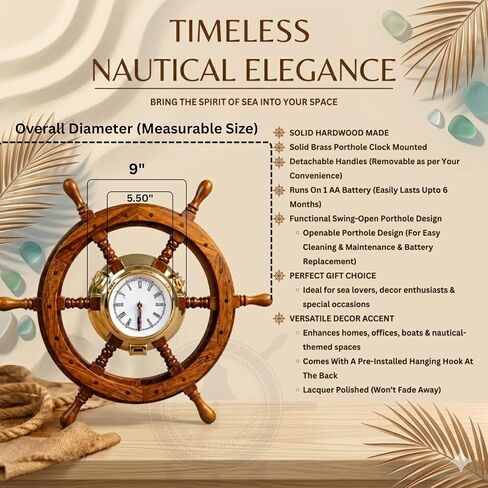 Nagina International 26" Elite Elegant Porthole Clock Ship Wheel with Beveled Glass | Classic Solid Wood Decor in Kuwait