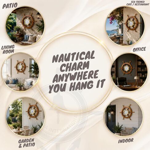 Nagina International 26" Elite Elegant Porthole Clock Ship Wheel with Beveled Glass | Classic Solid Wood Decor in Kuwait