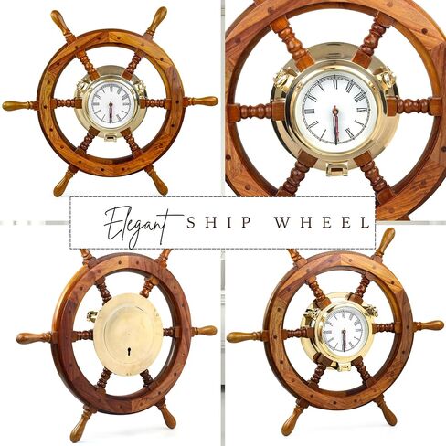 Nagina International 26" Elite Elegant Porthole Clock Ship Wheel with Beveled Glass | Classic Solid Wood Decor in Kuwait