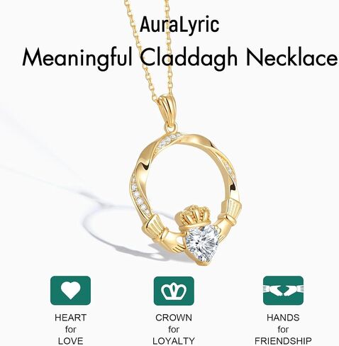 AuraLyric Gold Claddagh Necklace for Women, 14K Gold Plated Irish Jewelry Non Tarnish, Infinity Mobius Strip Circle Pendant, Mothers Day Anniversary Birthday Gift 18"+2" Cable Chain in Saudi Arabia