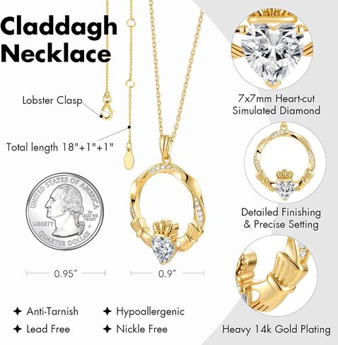 AuraLyric Gold Claddagh Necklace for Women, 14K Gold Plated Irish Jewelry Non Tarnish, Infinity Mobius Strip Circle Pendant, Mothers Day Anniversary Birthday Gift 18"+2" Cable Chain in Saudi Arabia
