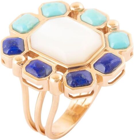 Barse Jewelry Dual Color Blue Lapis Turquoise and White Mother of Pearl Golden Ring in Saudi Arabia