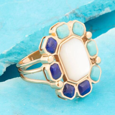 Barse Jewelry Dual Color Blue Lapis Turquoise and White Mother of Pearl Golden Ring in Saudi Arabia