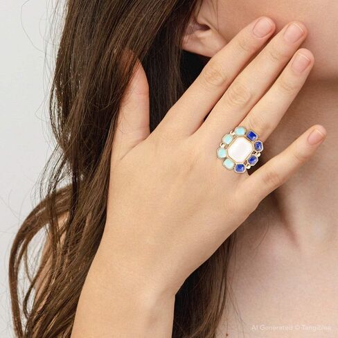Barse Jewelry Dual Color Blue Lapis Turquoise and White Mother of Pearl Golden Ring in Saudi Arabia