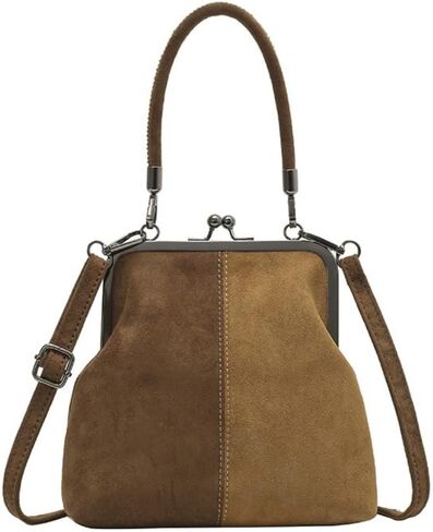 Suede Color Block Frame Bag, Vintage Top Handle Handbag Satchel, Kiss Lock Shoulder Crossbody Bag Evening Clutch Purse in Saudi Arabia