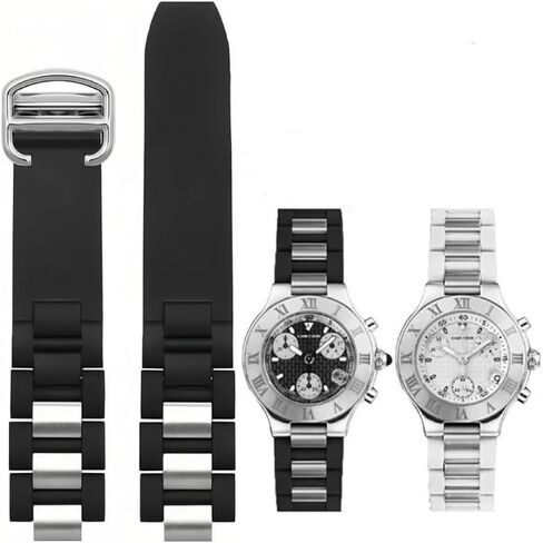 20mm Rubber Silicone Watch Band Stainless Steel Link Strap Replacement Compatible With Cartier 21 Chronoscaph Watch Black White in Saudi Arabia