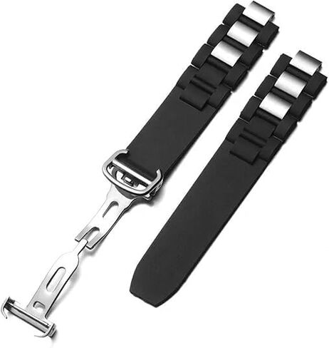 20mm Rubber Silicone Watch Band Stainless Steel Link Strap Replacement Compatible With Cartier 21 Chronoscaph Watch Black White in Saudi Arabia