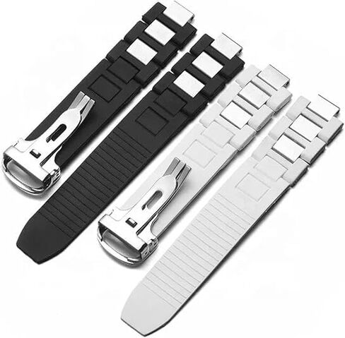 20mm Rubber Silicone Watch Band Stainless Steel Link Strap Replacement Compatible With Cartier 21 Chronoscaph Watch Black White in Saudi Arabia
