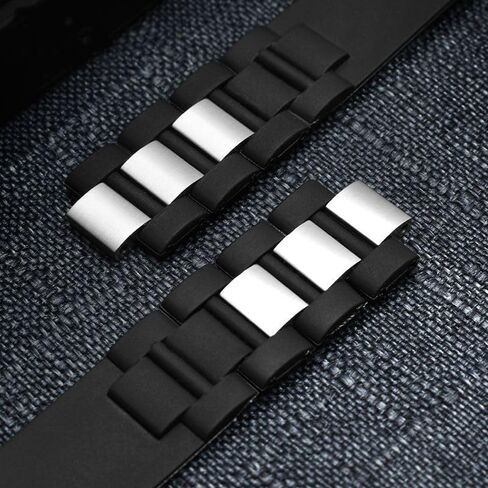 20mm Rubber Silicone Watch Band Stainless Steel Link Strap Replacement Compatible With Cartier 21 Chronoscaph Watch Black White in Saudi Arabia
