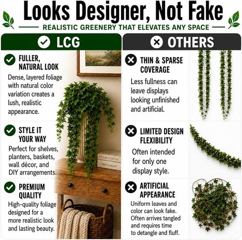 LCG Florals نبات معلق مزيف، شجيرة اللبلاب الصناعية 32 بوصة - كرمة اللبلاب الصناعية للديكور الداخلي، جذع أخضر واقعي للمزارعين والأرفف والنباتات المعلقة على الحائط (بدون وعاء) in Kuwait