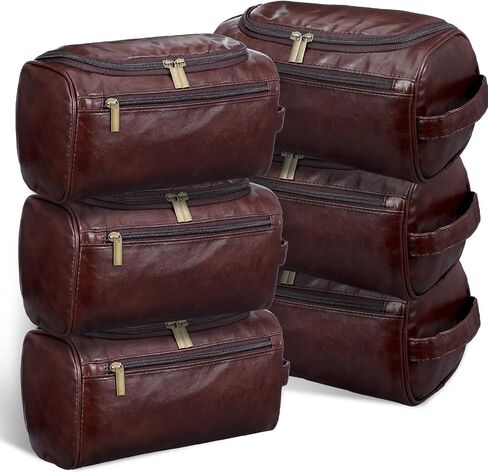 6 Pack Premium Groomsmen Toiletry Bags - PU Leather Travel Shaving Kit with Hook, Wedding Proposal Gift Set for Men, Father, Best Man (Dark Brown) in Saudi Arabia