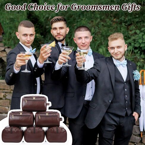 6 Pack Premium Groomsmen Toiletry Bags - PU Leather Travel Shaving Kit with Hook, Wedding Proposal Gift Set for Men, Father, Best Man (Dark Brown) in Saudi Arabia