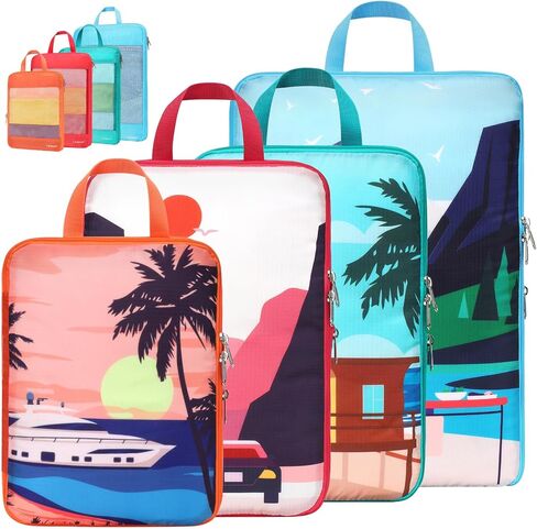 Cambond Compression Packing Cubes for Travel - 4 Set Multi-color See Through Mesh Compression Cubes for Travel Essentials, Space Saving Luggage Packing Organizers Bags for Carry on Suitcases in Saudi Arabia