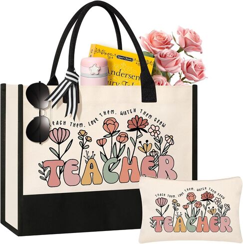 Tecanne Teacher Appreciation Gifts, Canvas Tote Bag and Makeup Bag Set for Women in Saudi Arabia