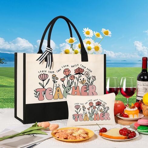 Tecanne Teacher Appreciation Gifts, Canvas Tote Bag and Makeup Bag Set for Women in Saudi Arabia
